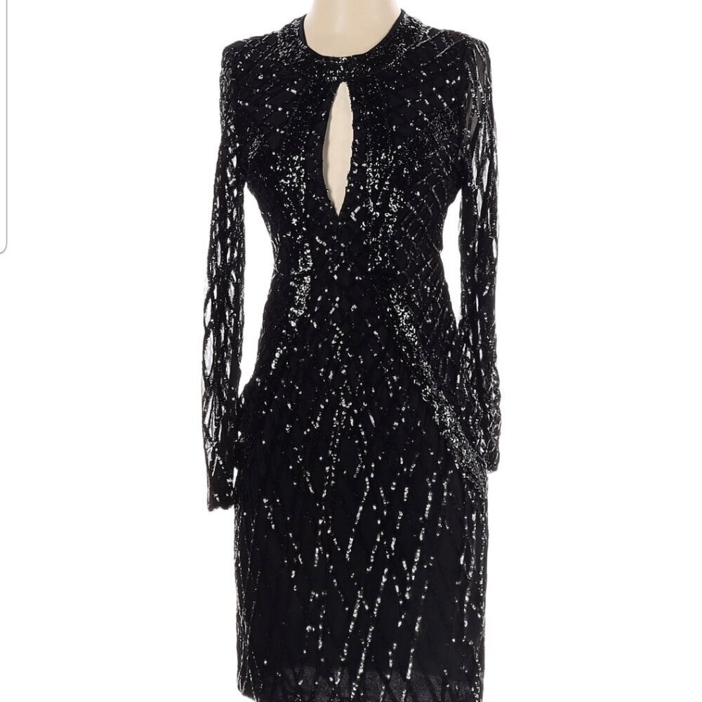 NWT L'ATISTE Black Sequin Long Sleeve Cocktail Dress womens size Small (332)